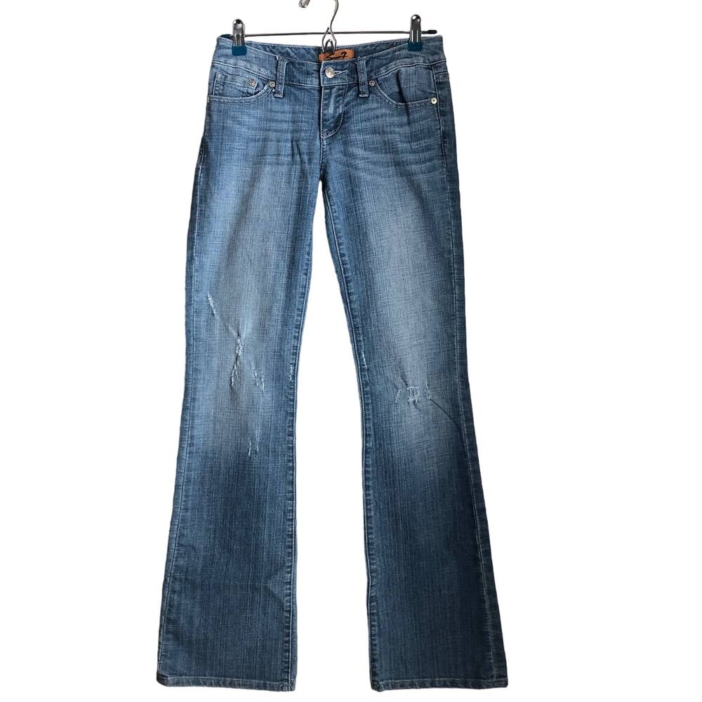 Seven7 Women's Whiskering Distressed Blue Flare Jeans Sz 25